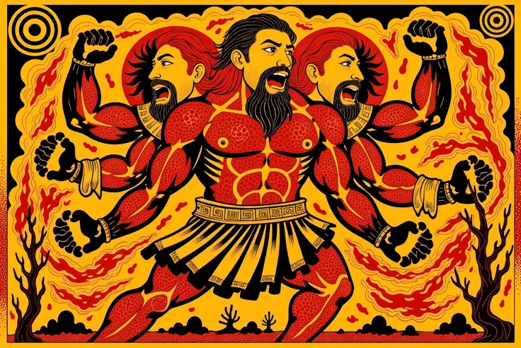 A colossal three-headed giant with long, thick, reddish-brown hair and beard. All three heads are roaring furiously, their faces twisted with rage. The giant has six powerful arms, spinning with violent force, creating a chaotic whirlwind around him. His s...