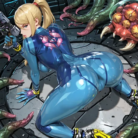 Zero Suit Samus,(metroid tentacles background),((solo)), blonde hair,blue eyes, ponytail,slenderbody,curvy,narrow waist,Wide Hips,middle breasts,(thin tite blue bodysuit), bracelet,gun,((Samus open thighs wide_spread_legs on all fours)),top-down bottom-up,...