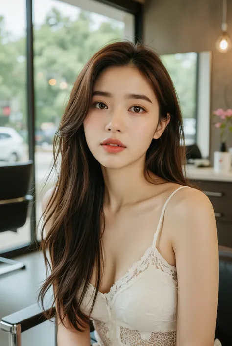 (((Masterpiece, ultra detailed, ultra quality, 8K, Photo-realistic))), A beautiful young woman with long, dark brown hair in layers, ((soft, see-through bangs)), sits indoors in a modern glass-walled salon. (((She is wearing a sleeveless white lace top wit...