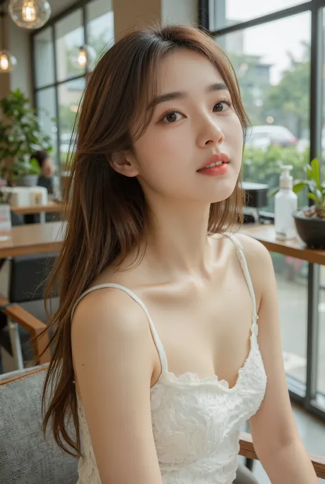 (((Masterpiece, ultra detailed, ultra quality, 8K, Photo-realistic))), A beautiful young woman with long, dark brown hair in layers, ((soft, see-through bangs)), sits indoors in a modern glass-walled salon. (((She is wearing a sleeveless white lace top wit...
