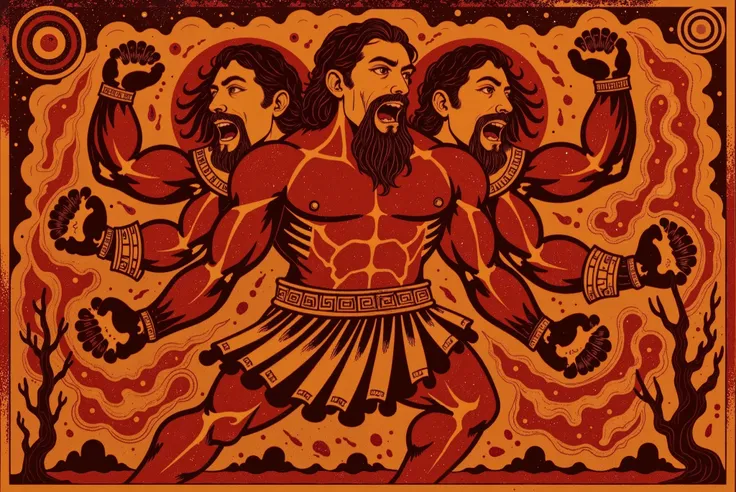 A colossal three-headed giant with long, thick, reddish-brown hair and beard. All three heads are roaring furiously, their faces twisted with rage. The giant has six powerful arms, spinning with violent force, creating a chaotic whirlwind around him. His s...