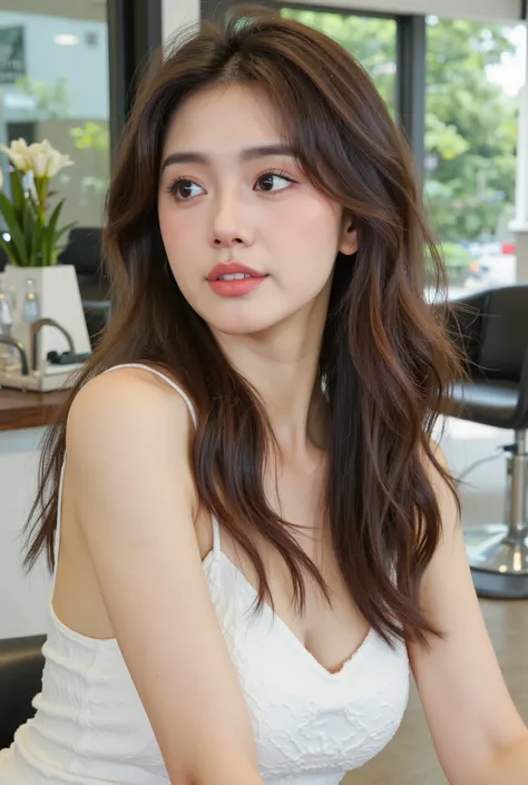 (((Masterpiece, ultra detailed, ultra quality, 8K, Photo-realistic))), A beautiful young woman with long, dark brown hair in layers, ((soft, see-through bangs)), sits indoors in a modern glass-walled salon. (((She is wearing a sleeveless white lace top wit...