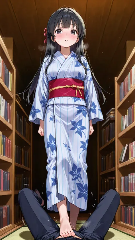Woman in yukata　long black hair in the library　make your whole body visible　Men and women stand face to face　Women do foot jobs on male genitals
