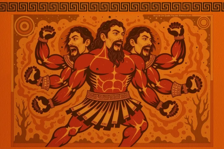 A colossal three-headed giant with long, thick, reddish-brown hair and beard. All three heads are roaring furiously, their faces twisted with rage. The giant has six powerful arms, spinning with violent force, creating a chaotic whirlwind around him. His s...