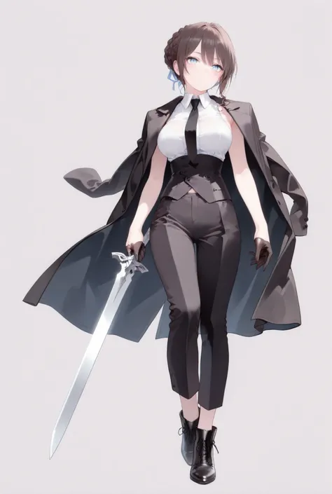 1 Girl, pretty girl, front, full body, tall, glamorous, dark brown hair, bang, Braided Bun hair, sexy eyes, sky blue eyes, light blush, expressionless, breasts, big breasts, big breasts, white sleeveless blouse, black long coat draped over shoulders, black...