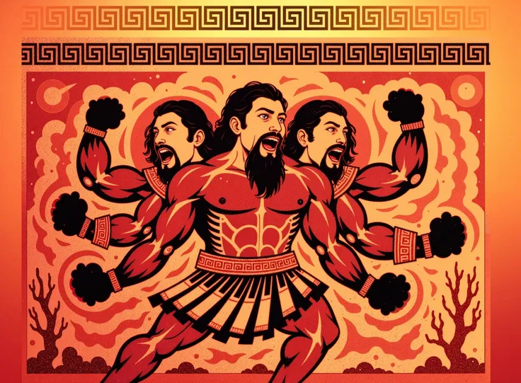 A colossal three-headed giant with long, thick, reddish-brown hair and beard. All three heads are roaring furiously, their faces twisted with rage. The giant has six powerful arms, spinning with violent force, creating a chaotic whirlwind around him. His s...