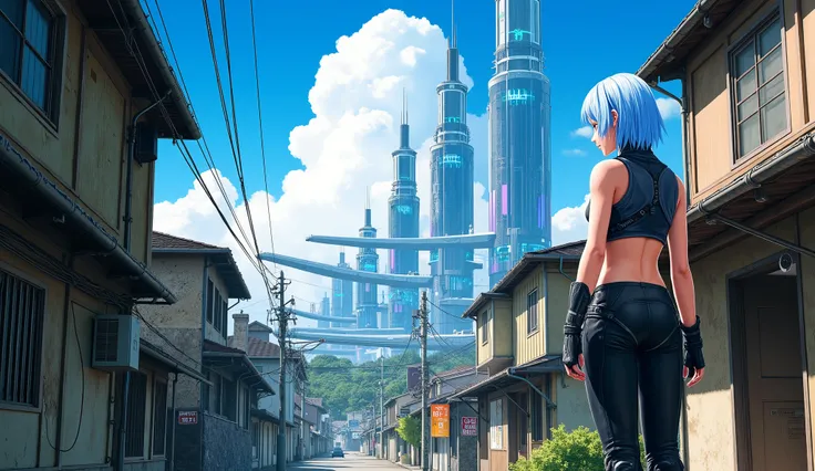 highly detailed illustration, anime-style but realistic proportions, 8K, crisp linework, soft cinematic lighting, hot summer daylight
A young white woman with medium-length blue hair stands in a narrow Japanese back alley, seen from a low angle. She wears ...