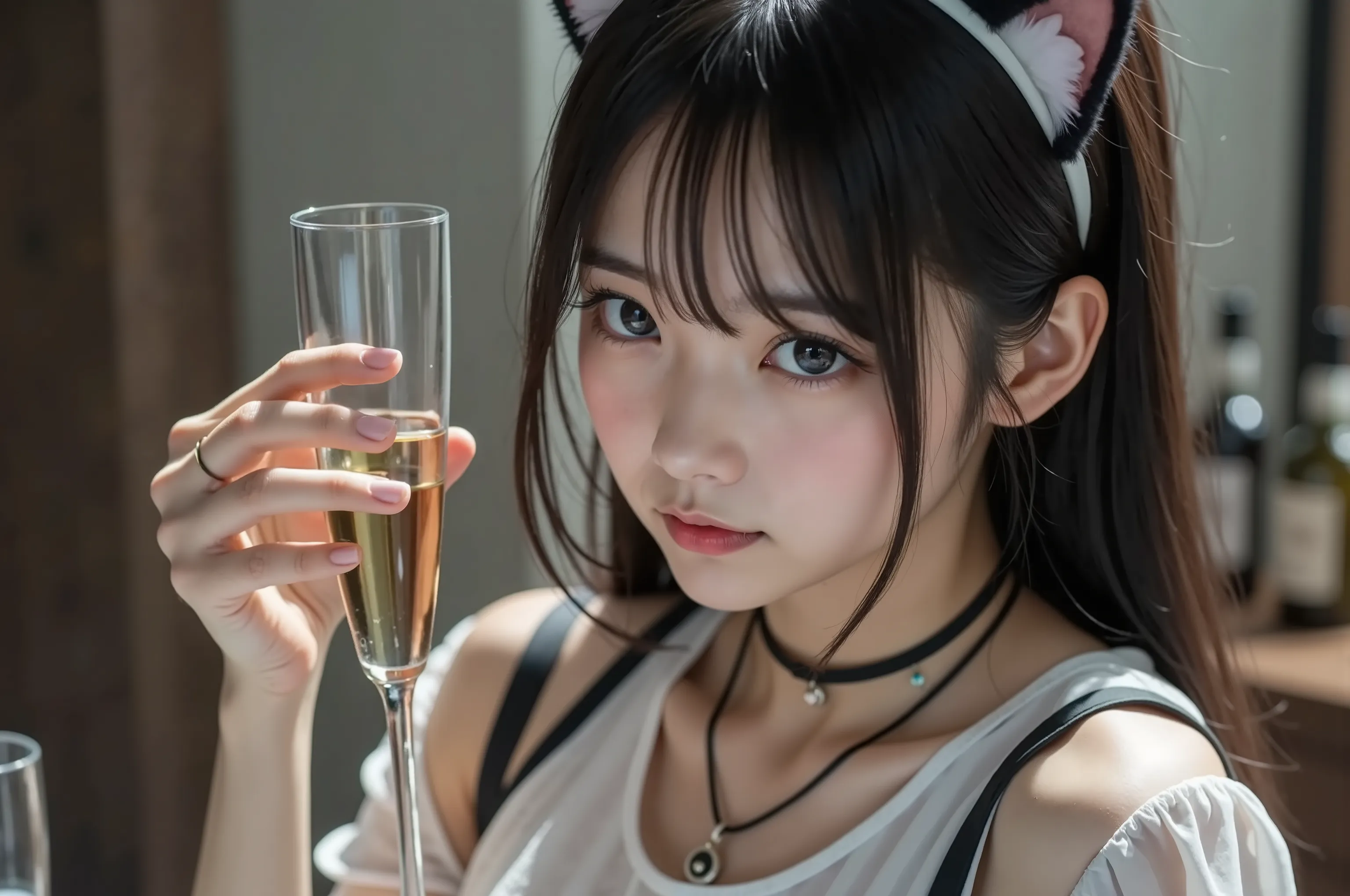 Woman drinking alcohol in bar,  The woman has a sad face, she has cat ears. } It creates a beautiful contrast with the dark elements of the bar decor. The polished surface of the bar and gentle reflection of the mirror behind it、creates a sophisticated yet...