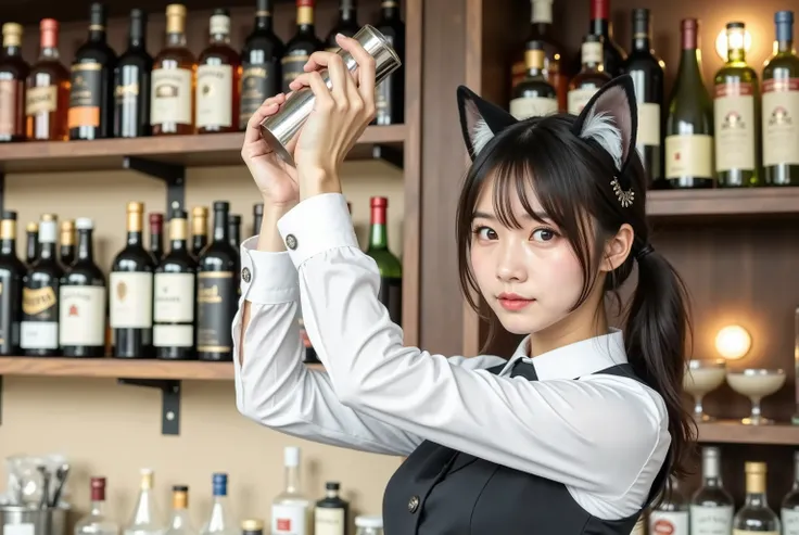 ,wearing a stylish black vest over a crisp white shirt, Woman standing at the bar. she has cat ears and tail. raise both hands and connect the chain lead of the, shakes cocktail shakers cleverly, makes drinks accurately.  in the background 、A vivid display...