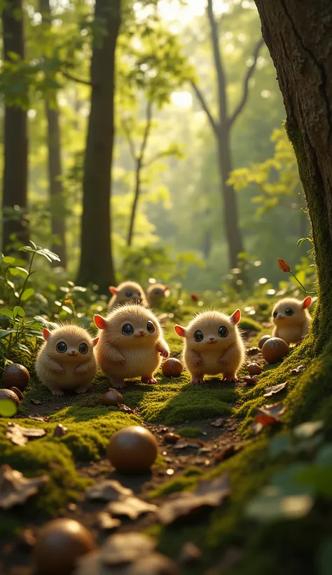 live-action、real、8K、HDR、In the woods、Cute little monsters eating nuts