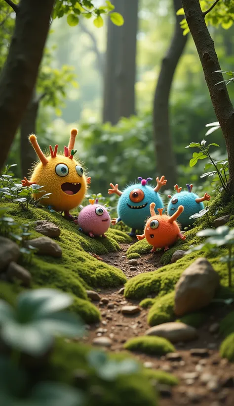 live-action、real、8K、HDR、In the woods、Cute little monsters exploring