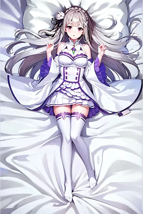 1 person, Emilia, white tights, white knee-high socks, embarrassing, Red cheeks, Seducing Men, white sheets, Lie on your back, (Full Body:1.2), 8 heads, (long legs:1.2), High Waist