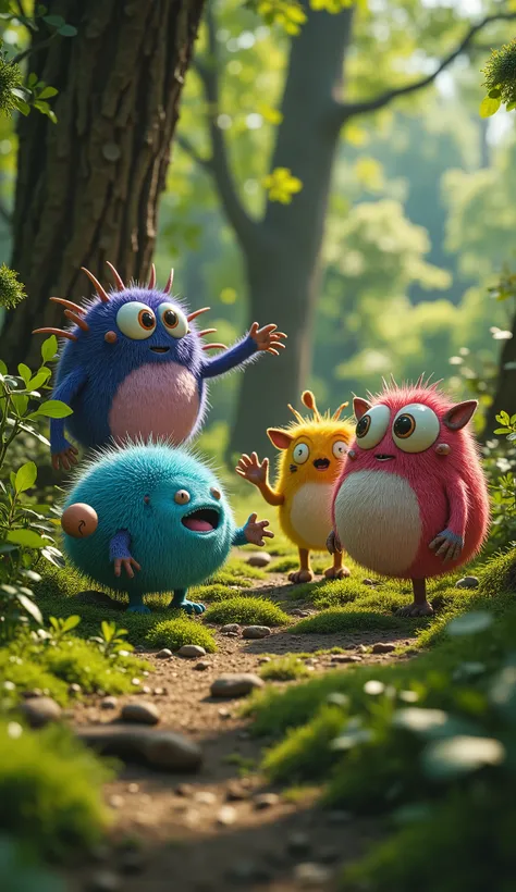 live-action、real、8K、HDR、In the woods、Cute little monsters exploring