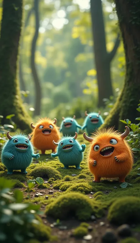 live-action、real、8K、HDR、In the woods、cute little monsters