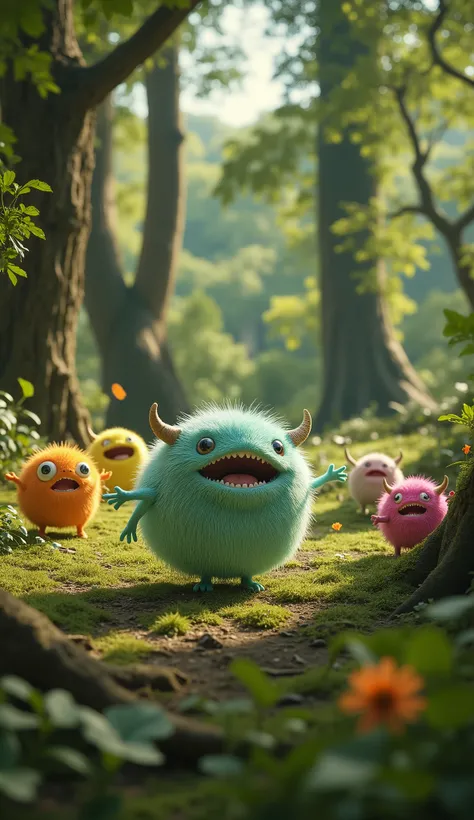 live-action、real、8K、HDR、In the woods、cute little monsters