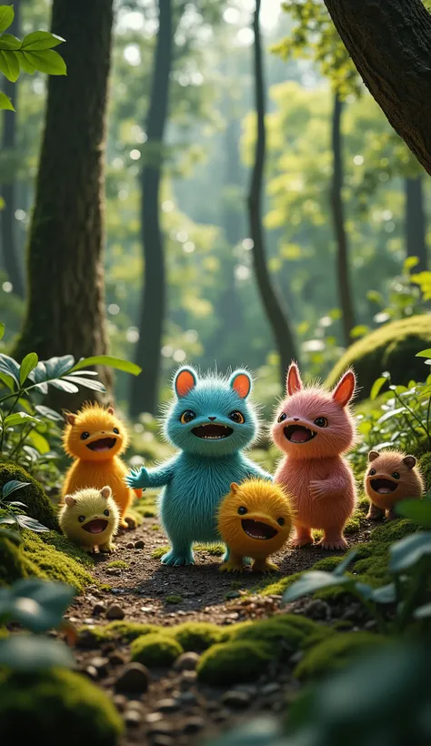 live-action、real、8K、HDR、In the woods、cute little monsters