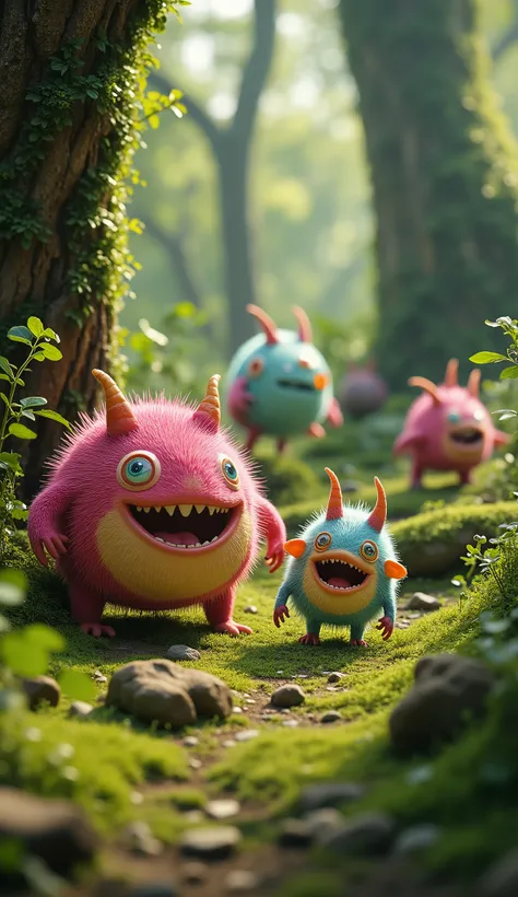 live-action、real、8K、HDR、In the woods、Cute little monsters exploring