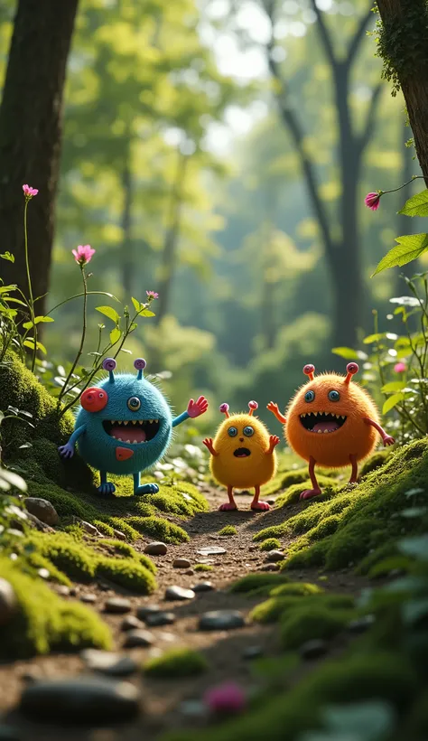 live-action、real、8K、HDR、In the woods、Cute little monsters exploring