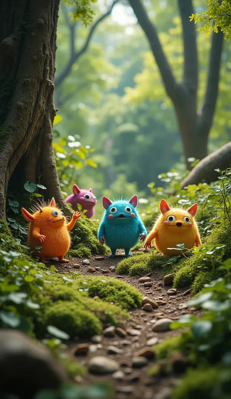 live-action、real、8K、HDR、In the woods、Cute little monsters exploring