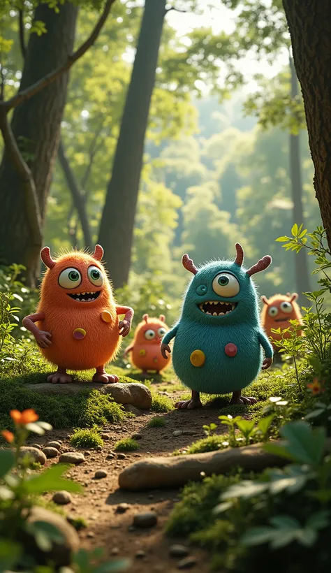 live-action、real、8K、HDR、In the woods、Cute little monsters exploring