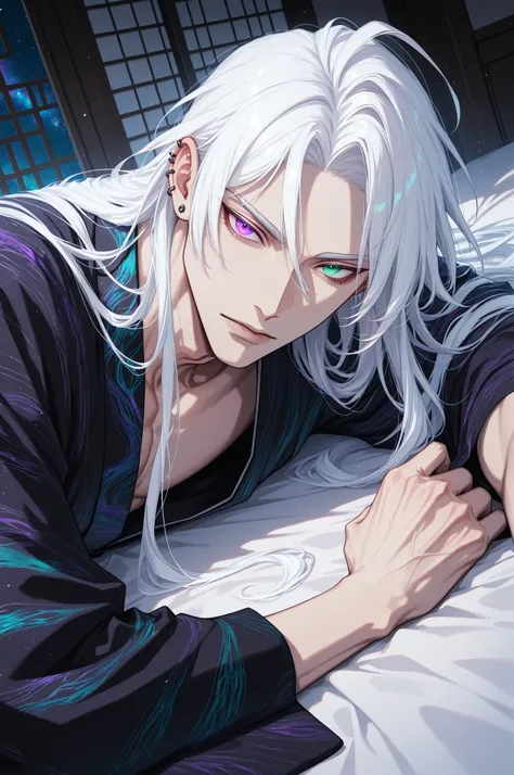male, handsome, tall, finely detailed purple and green heterochromia eyes and detailed face, puffy lips,, ((very long white hair)), more details, humanoid dragon-god, looking at the viewer, light skin, lying down on bed, detailed textures, (((male focus)))...