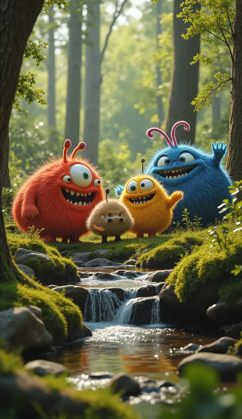 live-action、real、8K、HDR、In the woods、Cute monsters playing with each other innocently