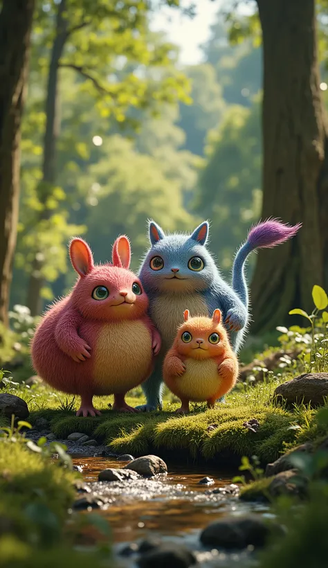 live-action、real、8K、HDR、In the woods、Cute monsters playing with each other innocently