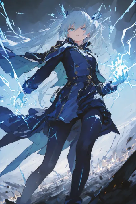masterpiece, best quality,1 girl ,best quality,heroic pose,dynamic angle,dynamic background,with epic blue Thunder effect, light blue Thunder magic, he strikes down with lightning in his hand,lightning, The air still crackles with electricity.