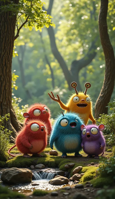 live-action、real、8K、HDR、In the woods、Cute monsters playing with each other innocently