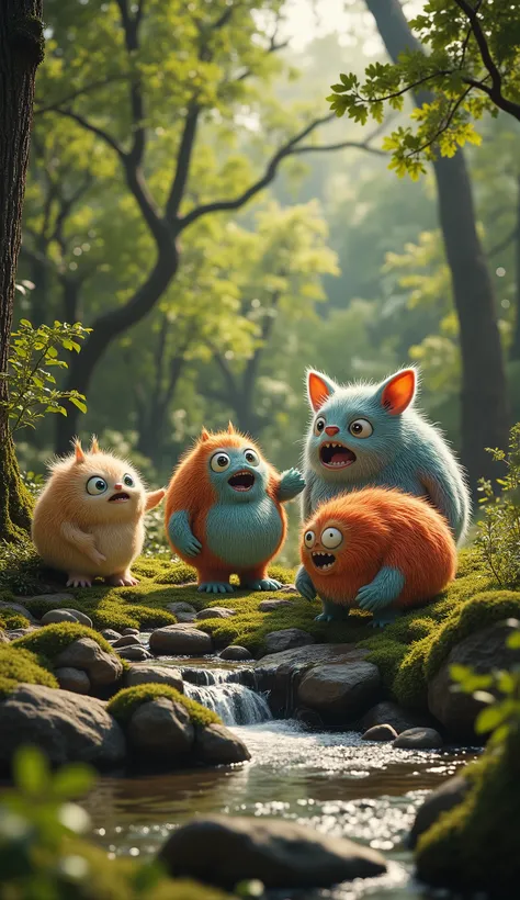 live-action、real、8K、HDR、In the woods、Cute monsters playing with each other innocently