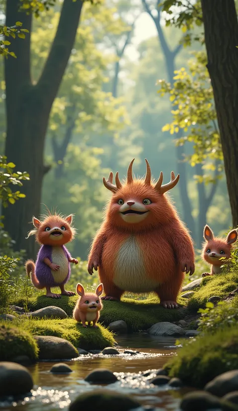 live-action、real、8K、HDR、In the woods、Cute monsters playing with each other innocently