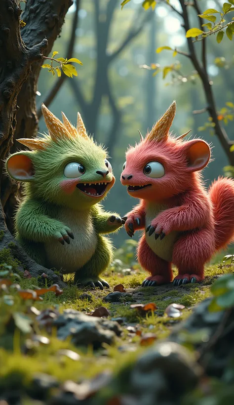 live-action、real、8K、HDR、Cute monsters are playing with each other in the woods