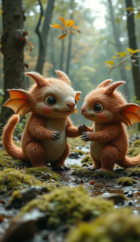 live-action、real、8K、HDR、Cute monsters are playing with each other in the woods