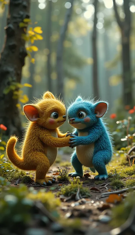 live-action、real、8K、HDR、Cute monsters are playing with each other in the woods