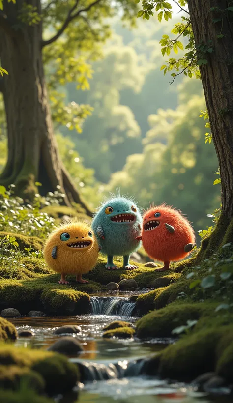 live-action、real、8K、HDR、In the woods、Cute monsters playing with each other innocently