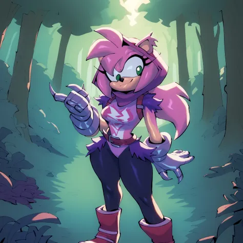 Amy Rose (Bigdad/character), female, (long hair), (long hair/quills), solo, outdoors, medium breasts, fuzzy fur, Amy dressed as Raven Team Leader, cosplay, purple hood, (furry), (body fur:1.2), purple fur, purple top, black leggings, belt, straps, :3, tors...