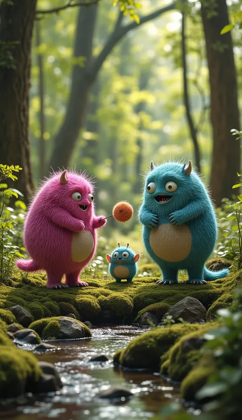 live-action、real、8K、HDR、In the woods、Cute monsters playing with each other innocently