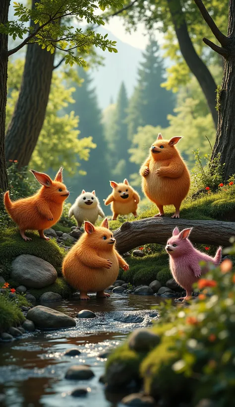 live-action、real、8K、HDR、In the woods、Cute monsters playing with each other innocently