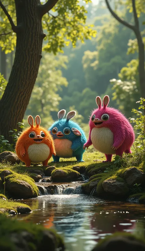 live-action、real、8K、HDR、In the woods、Cute monsters playing with each other innocently