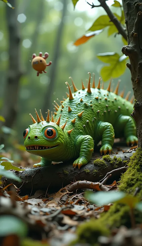 live-action、real、8K、HDR、In the woods、Cute monsters are moving on a caterpillar