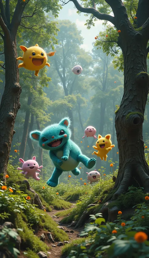 live-action、real、8K、HDR、In the woods、Cute monsters are dancing in the air