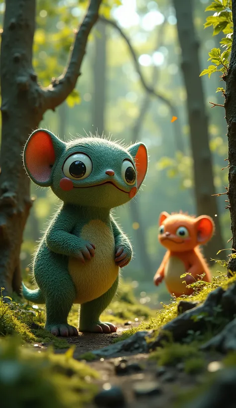 live-action、real、8K、HDR、In the woods、Cute monsters are dancing in the air