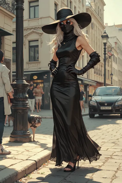 a mature woman in a sleeveless long black dress, wearing a wide-brimmed black hat, sunglasses, and a thin black face cover like a neck gaiter, with long black lace gloves covering her arms, elegant high-heeled sandals, standing on a sunny urban street corn...