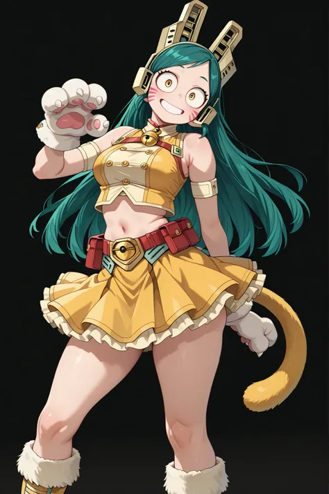 
1girl, solo,
r4gdoll, green hair, long hair, yellow eyes,
headgear, mechanical ears, whisker markings, facial mark, neck bell, jingle bell, bare  shoulders, sleeveless, arm strap, crop top, navel, yellow skirt, frilled skirt, red belt,  belt pouch, cat ta...