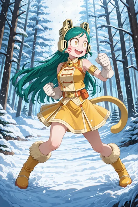 score_9,score_8_up,score_7_up,score_6_up,  source_anime, woman, dynamic pose, looking away,  long hair, green hair, yellow eyes, face markings, yellow headgear, yellow top, neck bell, yellow armlet, yellow skirt, orange belt, large gloves, white gloves, ye...