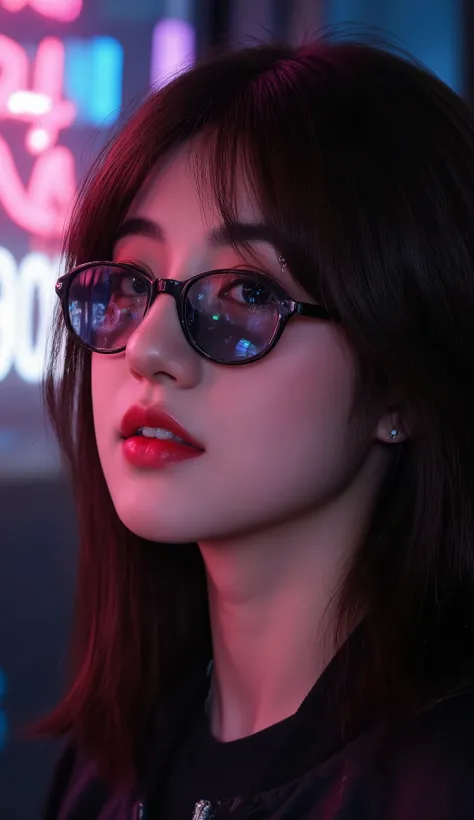 Face close up, alternative girl, watching over black sunglasses, jacket, necklace, neon light reflections on skin, ear ring, makeup, skin imperfection, short hair, beanie, neon lights background, low light, depth of field, highly detailed, high contrast, f...