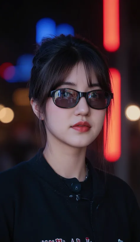 Face close up, alternative girl, watching over black sunglasses, jacket, necklace, neon light reflections on skin, ear ring, makeup, skin imperfection, short hair, beanie, neon lights background, low light, depth of field, highly detailed, high contrast, f...