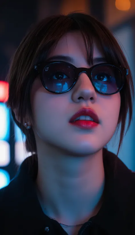 Face close up, alternative girl, watching over black sunglasses, jacket, necklace, neon light reflections on skin, ear ring, makeup, skin imperfection, short hair, beanie, neon lights background, low light, depth of field, highly detailed, high contrast, f...