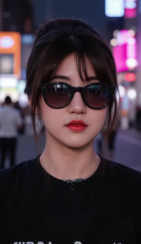 Face close up, alternative girl, watching over black sunglasses, jacket, necklace, neon light reflections on skin, ear ring, makeup, skin imperfection, short hair, beanie, neon lights background, low light, depth of field, highly detailed, high contrast, f...