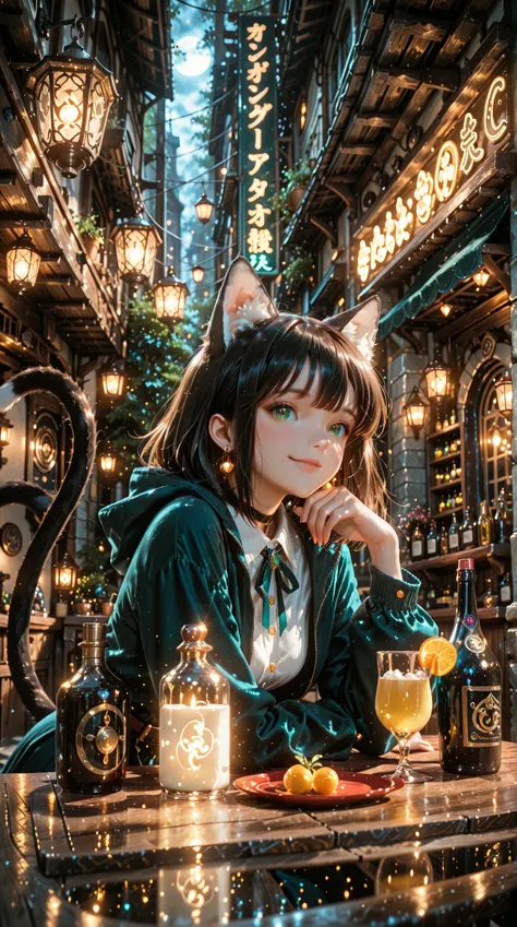 A cozy, mysterious nighttime bar run by elegant catgirls with feline ears and tails, wearing stylish uniforms or evening wear. The bar glows with soft, warm lighting—neon signs, lanterns, and candles casting golden light. The setting is intimate and atmosp...